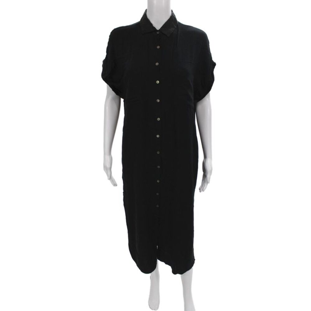 Pampelone Women Shirt Dress Black Collared Short Sleeve Rayon Size S